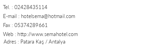 Hotel Sema Patara telefon numaralar, faks, e-mail, posta adresi ve iletiim bilgileri